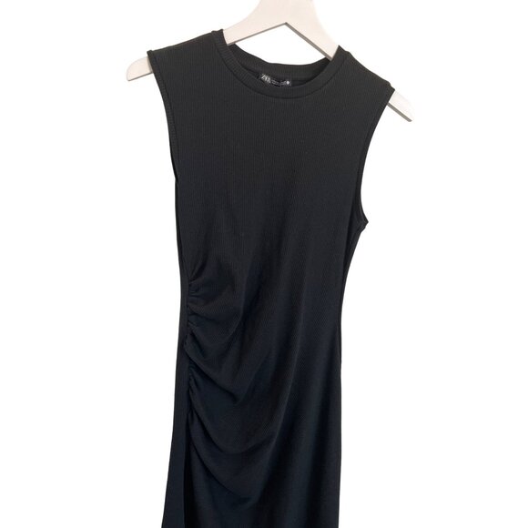 Zara Black Ribbed Ruched Side Detail Dress - Picture 6 of 6